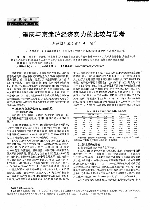 重庆与京津沪经济实力的比较与思考