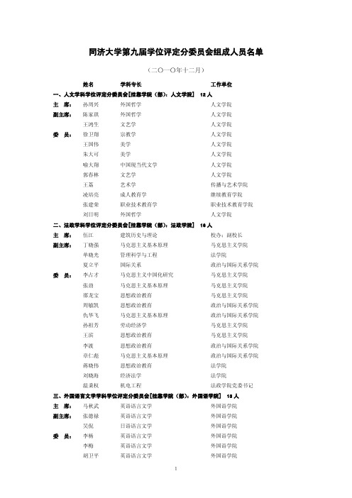 同济大学第九届学位评定分委员会组成人员名单