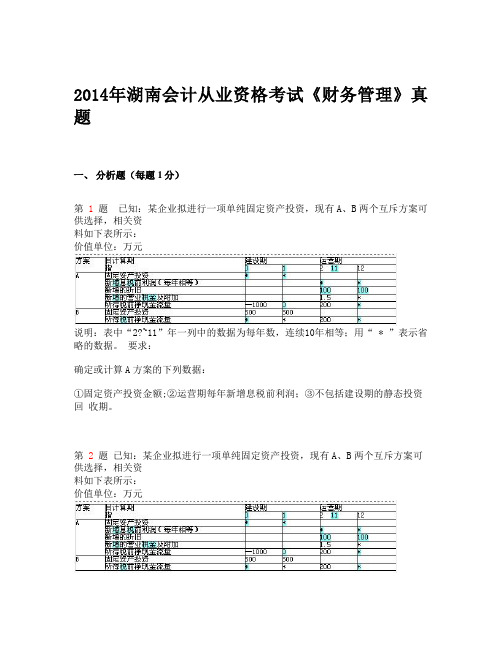 2014年湖南省会计从业资格考试《财务管理》真题_