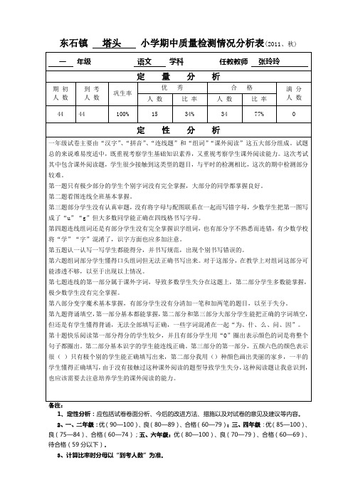 一年级语文期中质量分析表