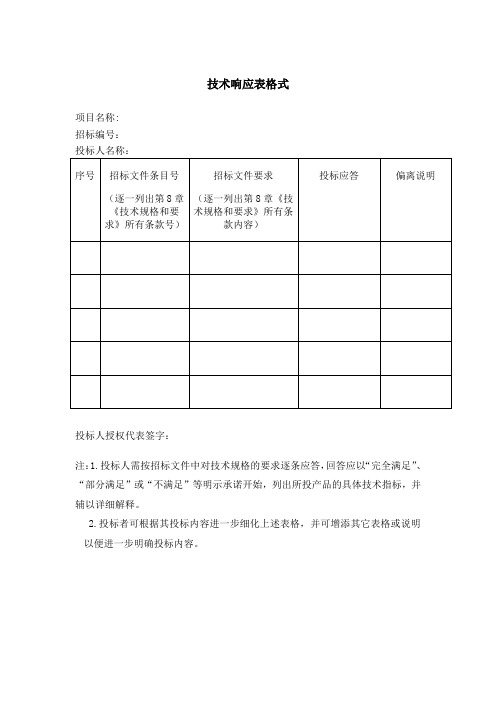 技术响应表格式(版本四)