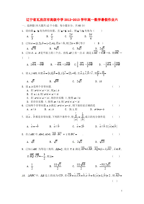 辽宁省瓦房店市高级中学高一数学 暑假作业六