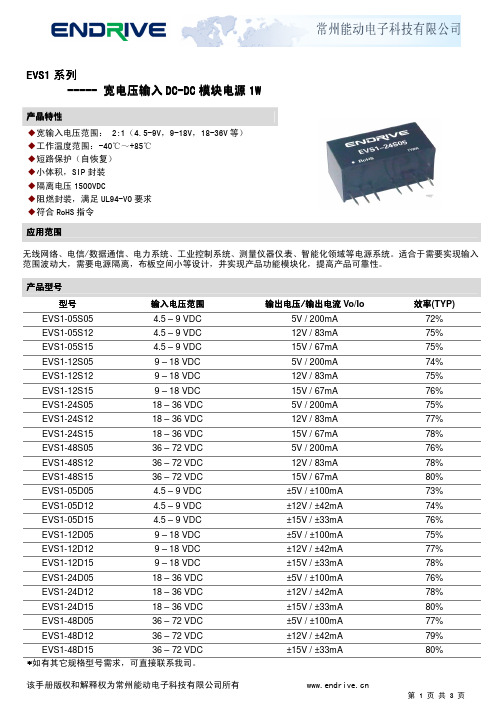 常州能动电子科技有限公司 EVS EVS EVS EVS1111 系列 DC-DC 模块电源说明书