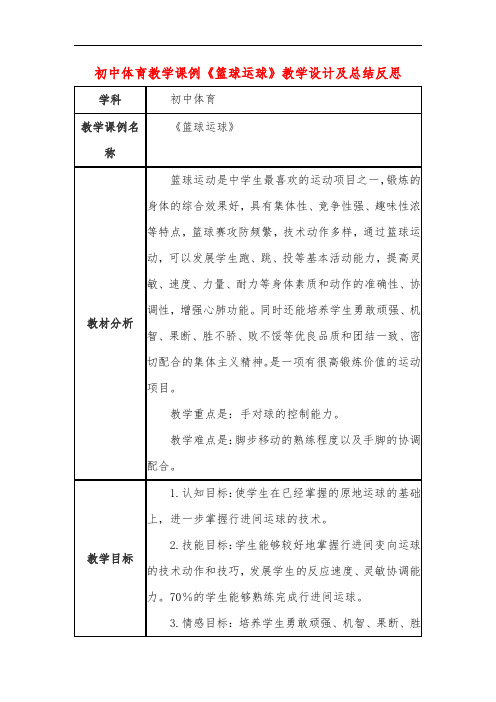 初中体育教学课例《篮球运球》教学设计及总结反思