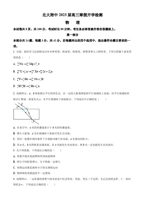 北京市北京大学附属中学2022-2023学年高三下学期开学考试物理试题及答案