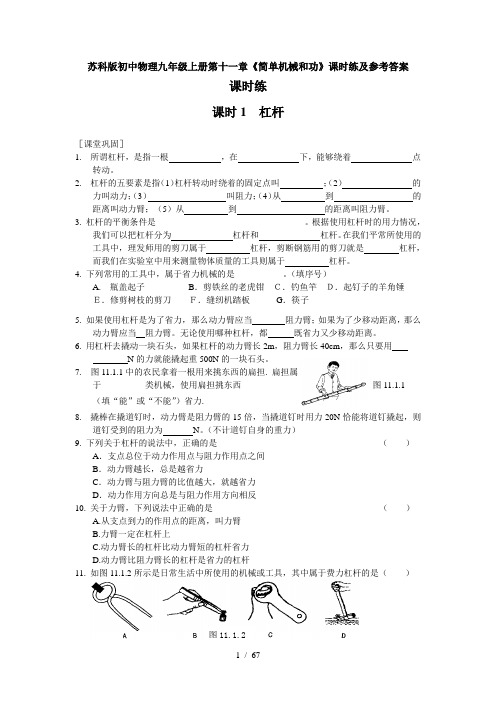 苏科版初中物理九年级上册全册各章课时练及参考答案