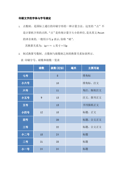 印刷文字的字体与字号规定