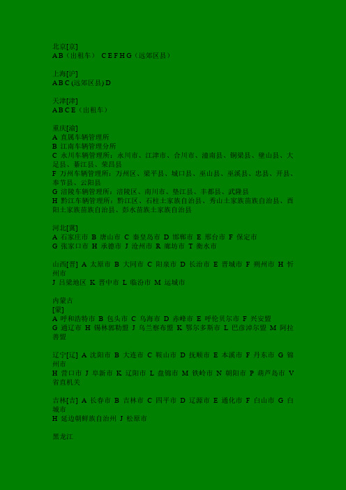 车牌号码归属地一览表 Microsoft Word 文档