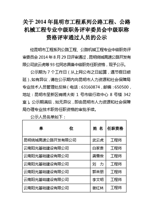 关于2014年昆明市工程系列公路工程、公路机械工程专业中级