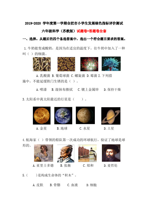 【绿色评价】发展绿色指标评价六年级科学上册第一学期期末测试卷及答题卡全套(苏教版2020可编辑)