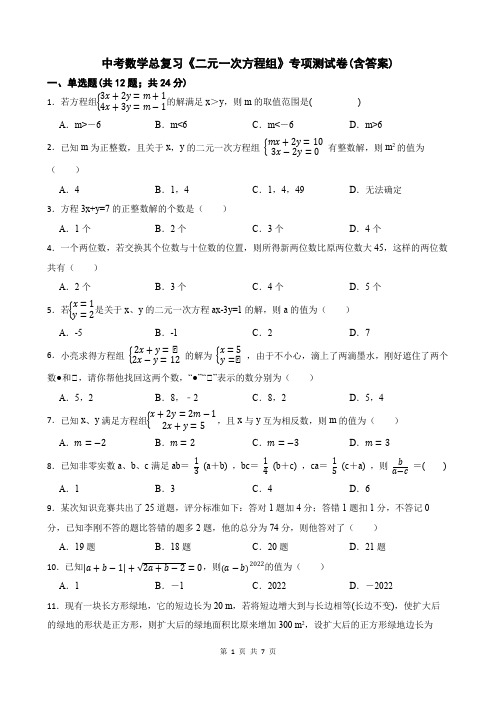 中考数学总复习《二元一次方程组》专项测试卷(含答案)