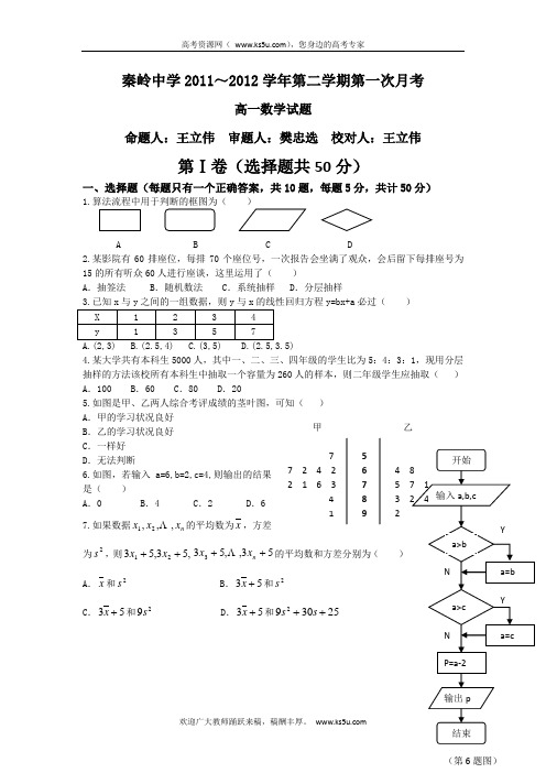 陕西省兴平市秦岭中学11-12学年高一下学期第一次月考数学试题(无答案)