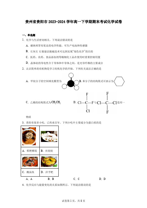 贵州省贵阳市2023-2024学年高一下学期期末考试化学试卷