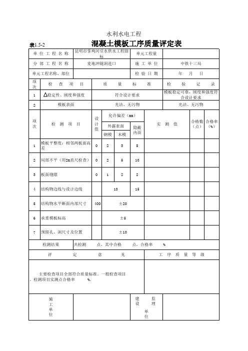 砼模板工序质量评定表1.5-2