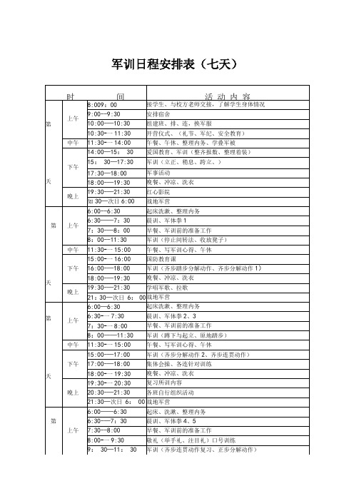 军训计划日程安排表(七天)