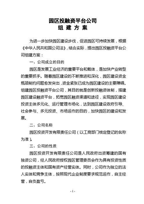 园区投融资平台公司组建方案