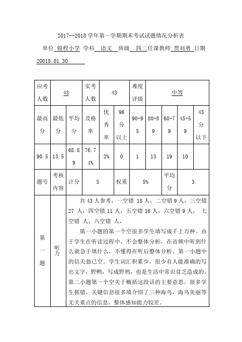 2017-2018语文四年级上期试卷分析