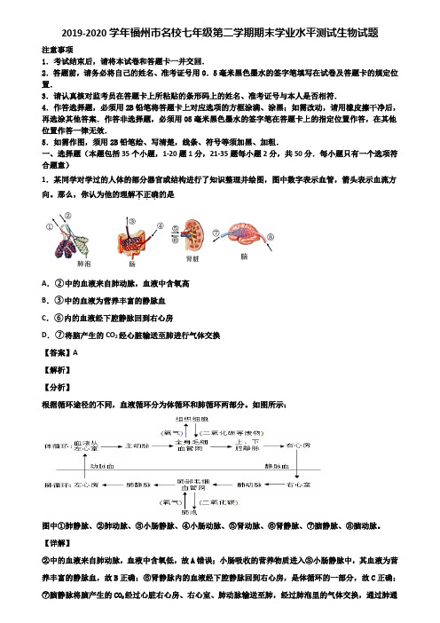 2019-2020学年福州市名校七年级第二学期期末学业水平测试生物试题含解析