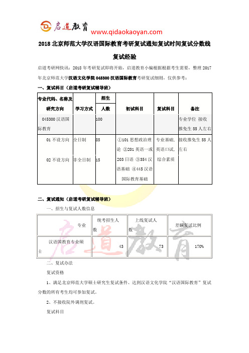 2018北京师范大学汉语国际教育考研复试通知复试时间复试分数线复试经验