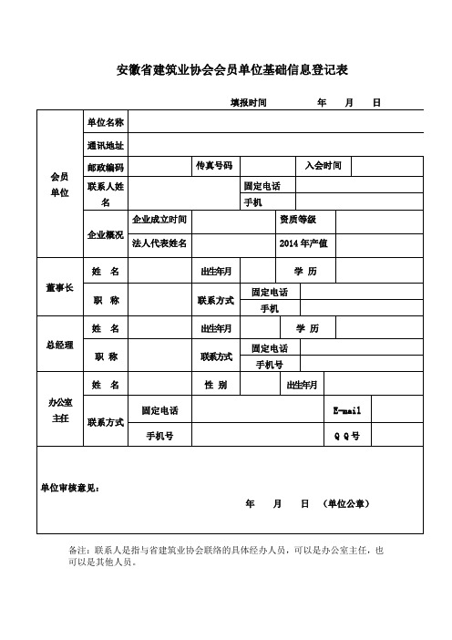 安徽建筑业协会会员单位基础信息登记表