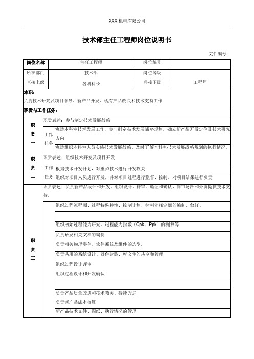 技术部主任工程师岗位说明书