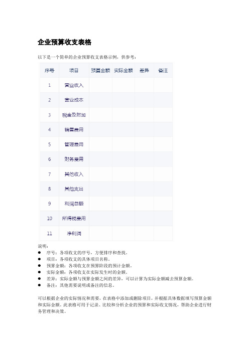 企业预算收支表格