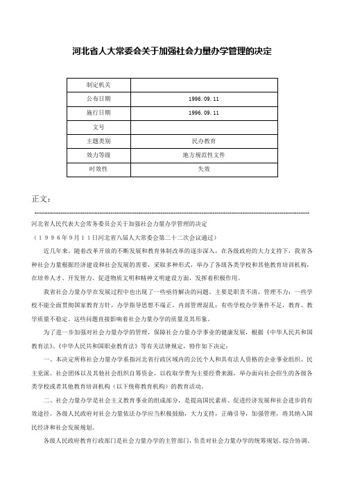 河北省人大常委会关于加强社会力量办学管理的决定-