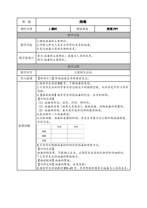 人教版八年级生物上册教案 第五单元第五章  病毒