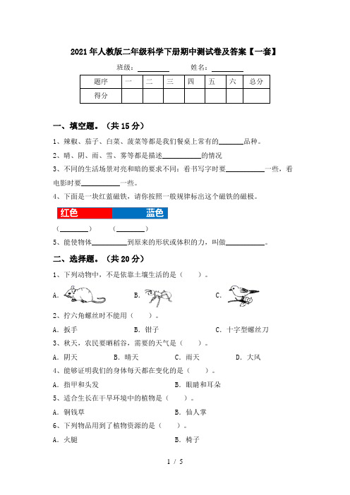 2021年人教版二年级科学下册期中测试卷及答案【一套】