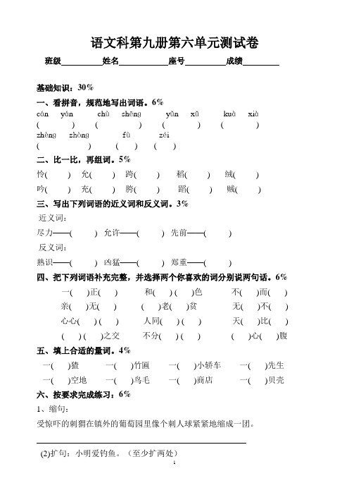 语文科第九册第六单元测试卷