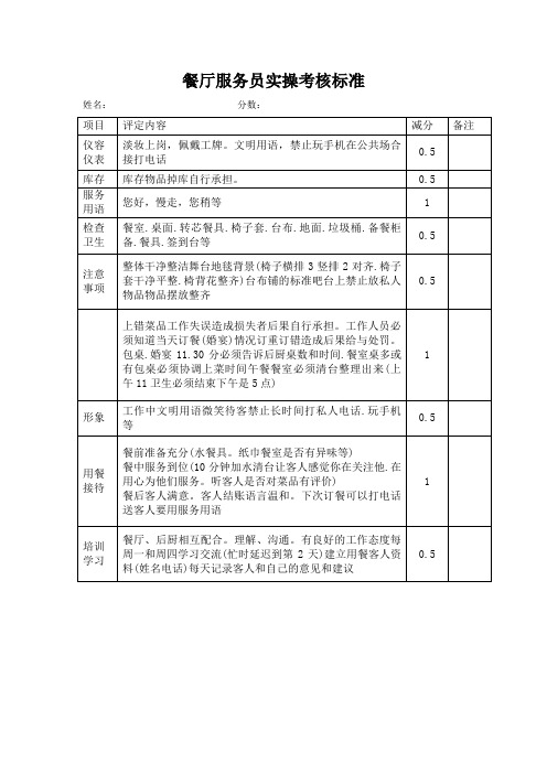 餐厅服务员实操考核标准