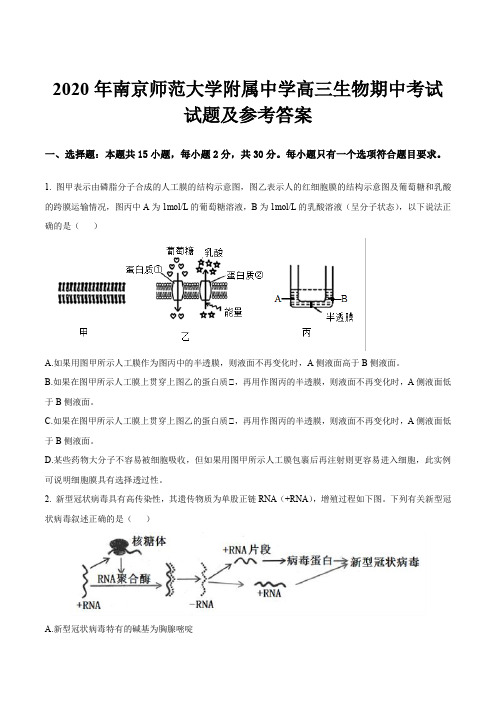 2020年南京师范大学附属中学高三生物期中考试试题及参考答案