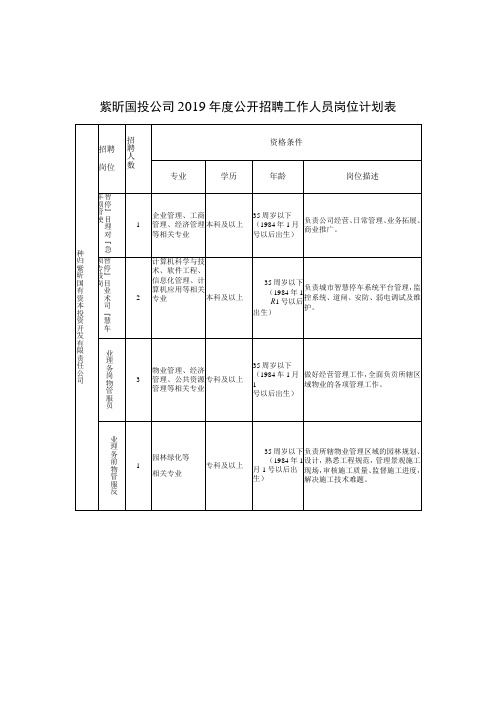 紫昕国投公司2019年度公开招聘工作人员岗位计划表