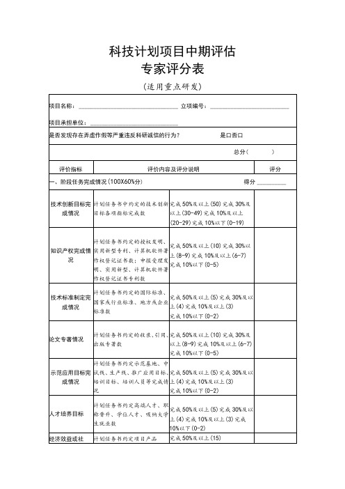 科技计划项目中期评估专家评分表