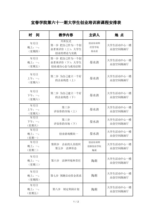 宜春学院第六十一期SYB大学生创业培训班课程安排表