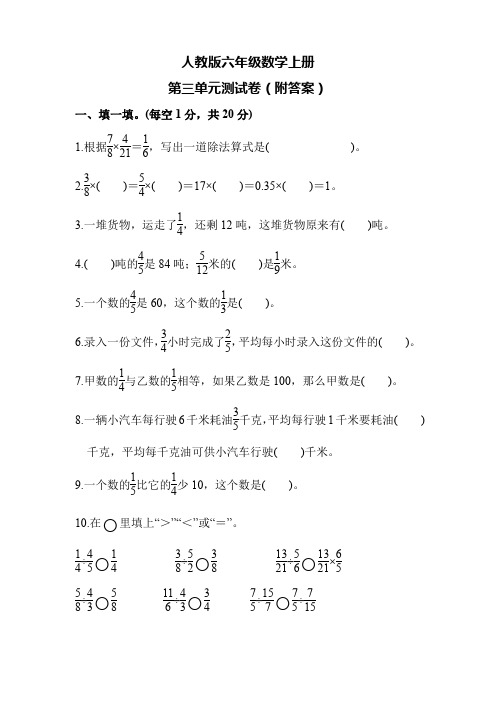 人教版六年级数学上册第三单元测试卷(附答案)