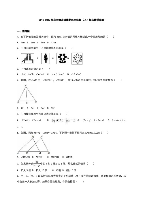 天津市滨海新区2016-2017学年八年级(上)期末数学试卷(解析版)