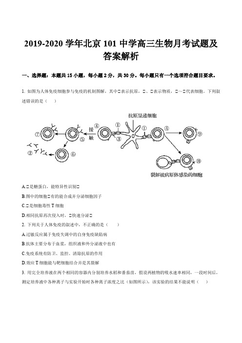 2019-2020学年北京101中学高三生物月考试题及答案解析