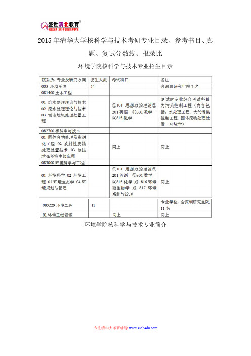 2015年清华大学核科学与技术考研专业目录、参考书目、真题、复试分数线、报录比