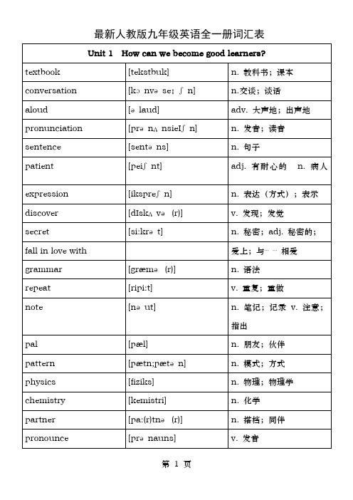 人教版九年级英语全一册词汇表中英对照版