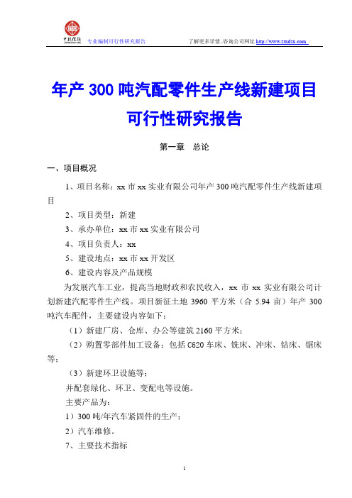 年产300吨汽配零件生产线新建项目可行性研究报告