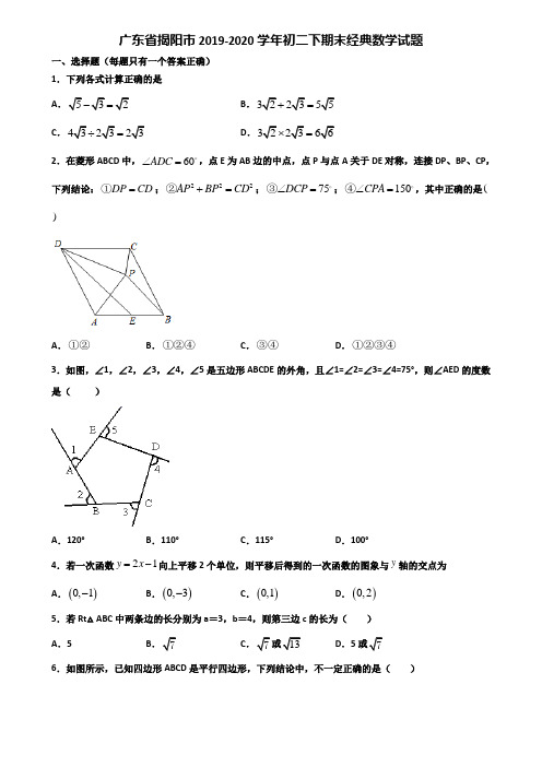 广东省揭阳市2019-2020学年初二下期末经典数学试题含解析