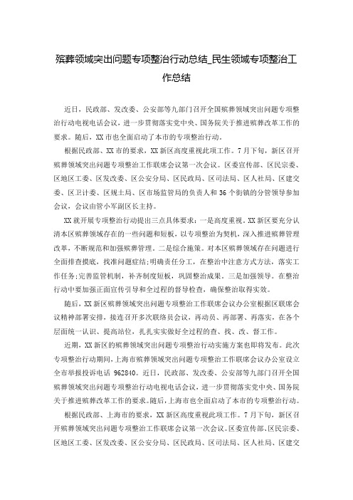 殡葬领域突出问题专项整治行动总结_民生领域专项整治工作总结