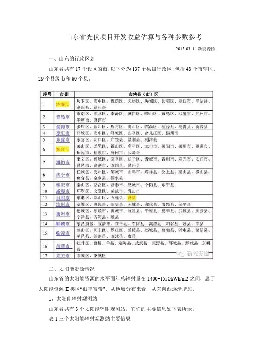 山东省光伏项目开发收益估算与各种参数参考