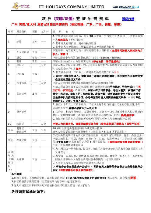 欧洲(英国法国)签证所需资料返回行程