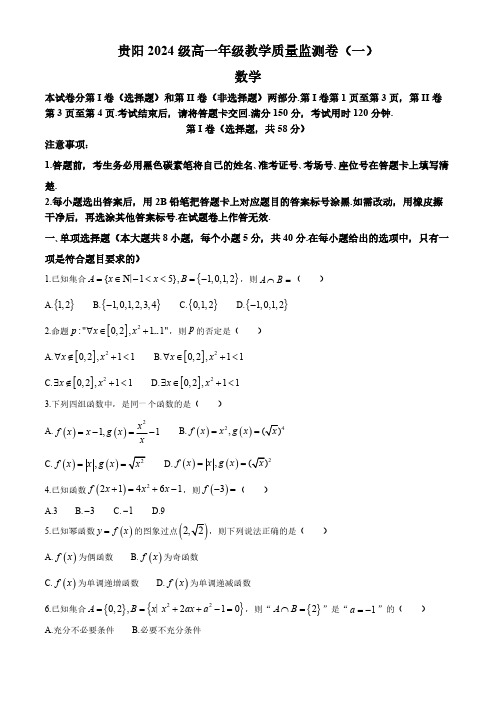 贵州省贵阳市2024-2025学年高一上学期教学质量监测卷(一)数学试题(含解析)