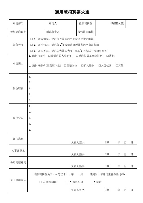 通用版招聘需求申请表