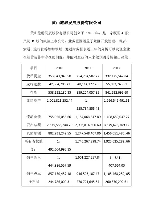 黄山旅游发展股份有限公司2010-2012财务报表分析