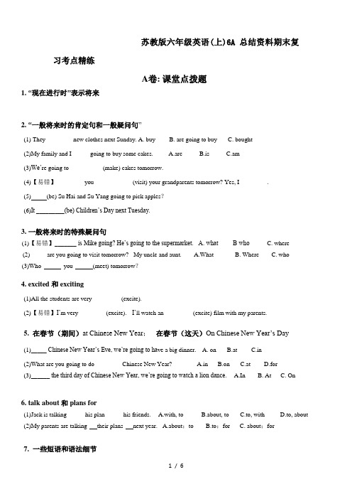 苏教版六年级英语(上)6A总结资料期末复习考点精练