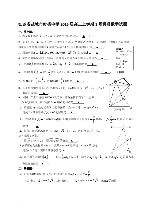 江苏省盐城市时杨中学2015届高三上学期1月调研数学试题